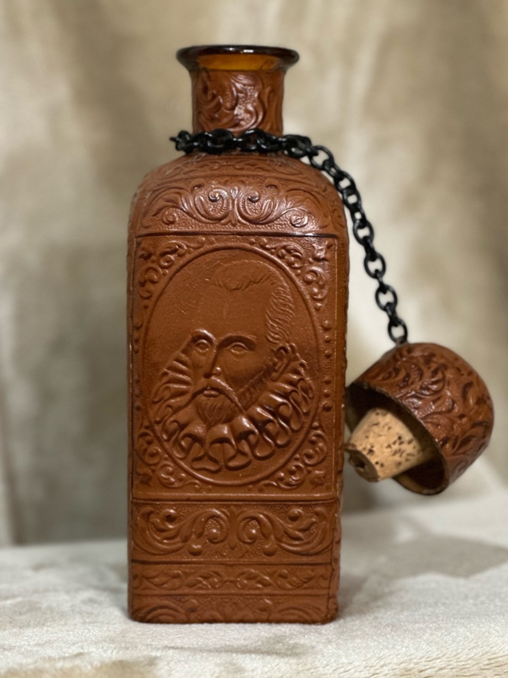Embossed Leather-Wrapped Decanter Bottle in Rich Brown